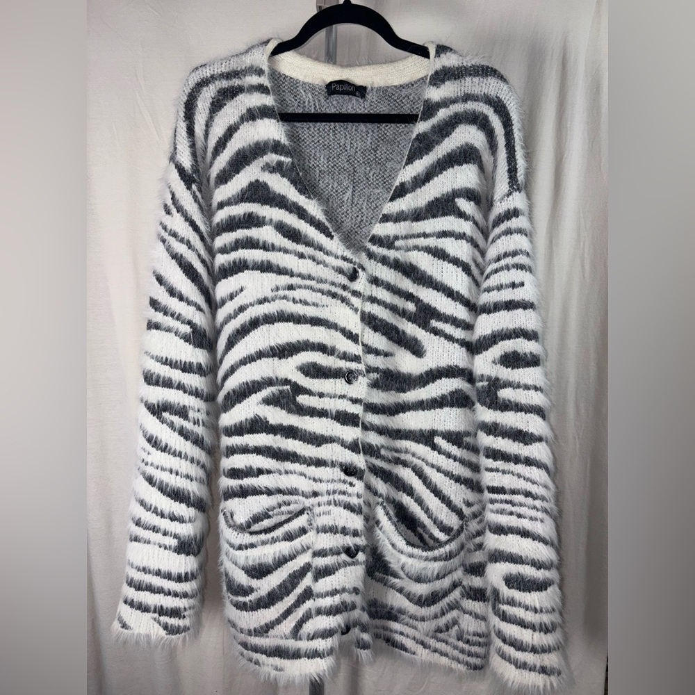 Papillon Zebra Print Black and White Fuzzy Long Cardigan